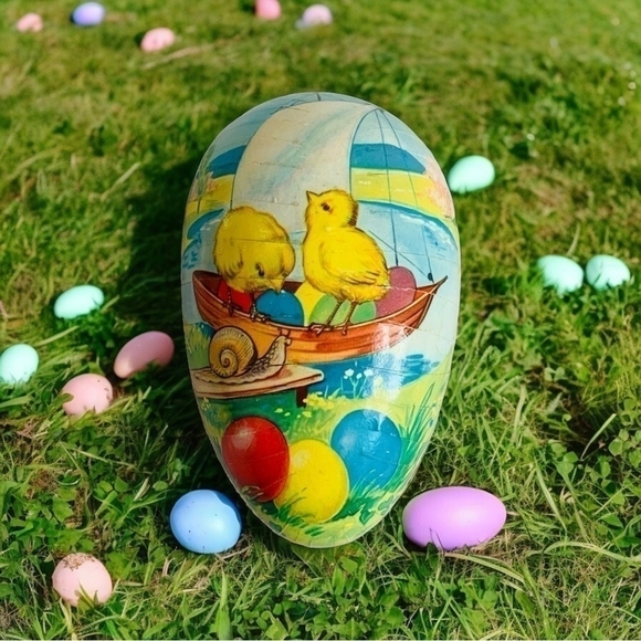 Vintage Large Multicolored Paper Mache Easter Egg Candy Container W. Germany Art - Picture 2 of 5